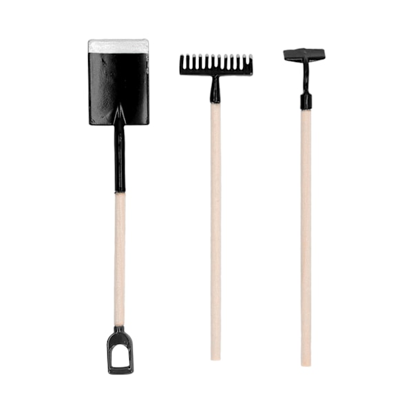 3-delat set mini dockhus miniatyrträdgård handverktyg legering trä kratta zen spade modell dekoration svart