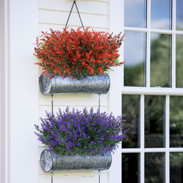8 bundter udendørs kunstig lavendel falske blomster UV-resistente buske, kunstig plastik grønt til indendørs udendørs hængende planter Have veranda vindue Bo