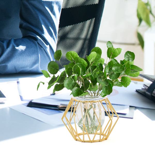 (Hexagonalt guld) Järnblomställ hydrobonskruka glasvas ornament hem skrivbordsdekoration växtblomsterarrangemang behållare