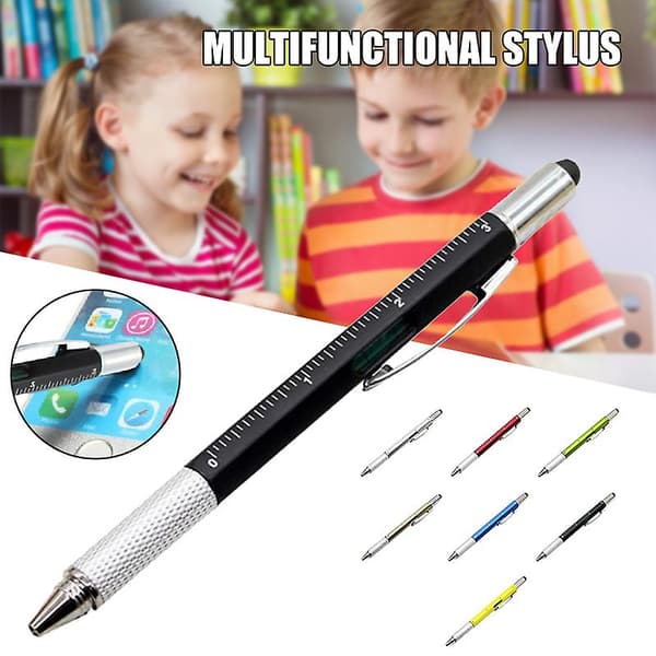 6 i 1 Multifunktionel Stylus Pen med Sort/Blå Refill Værktøj Tech Kuglepen med Klips Glat Red Black Refill