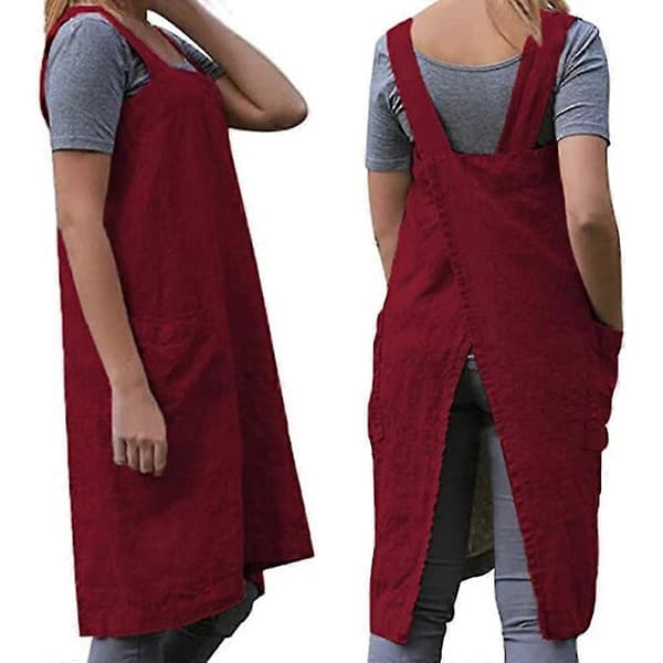 Bomulls- og linsforkle med kryssstropper for kvinner med store lommer, XXLXXL