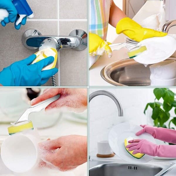 12 Pcs Dish Sponges with Handle, Powerful Dish Brush with Detergent Pump for Kitchen, Sink, Bathroom, Replaceable Cleaning Brush