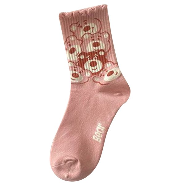 1 Par Damsockor med Björnar, Söta & Roliga, Cartoon Print, Preppy Stil, Polyester, Medium Hög, Rosa, Typ 6