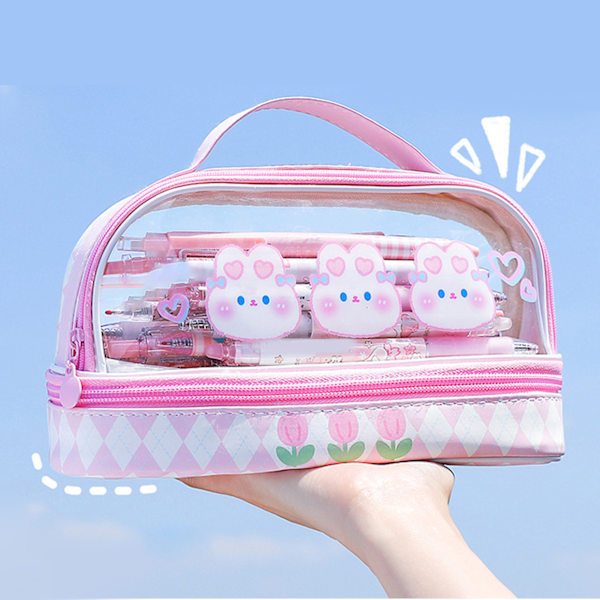 Vanntett Blyantpennveske Tegneserie Søt Transparent Kontorveske med Glidelås for Skoleelever Sminke Reise - Rosa Kanin