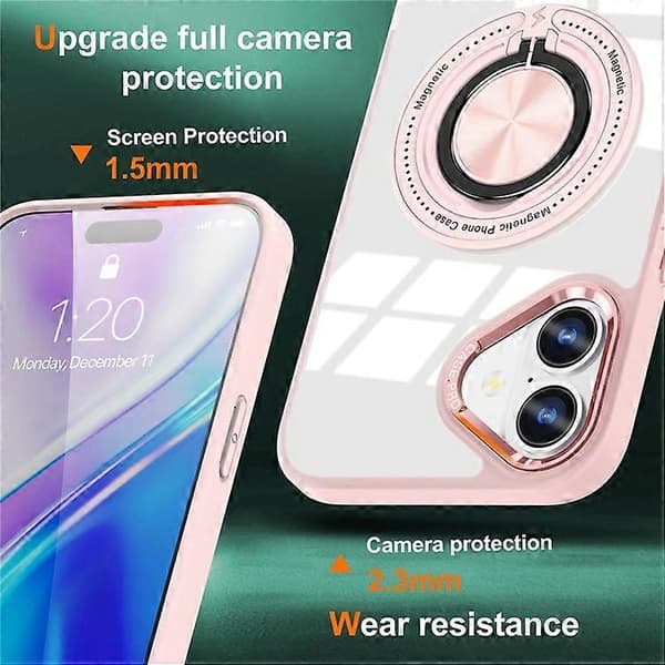 Kompatibel med iPhone 16 Deksel Magnetisk Ringholder Støtte PC+TPU Telefondeksel Pink