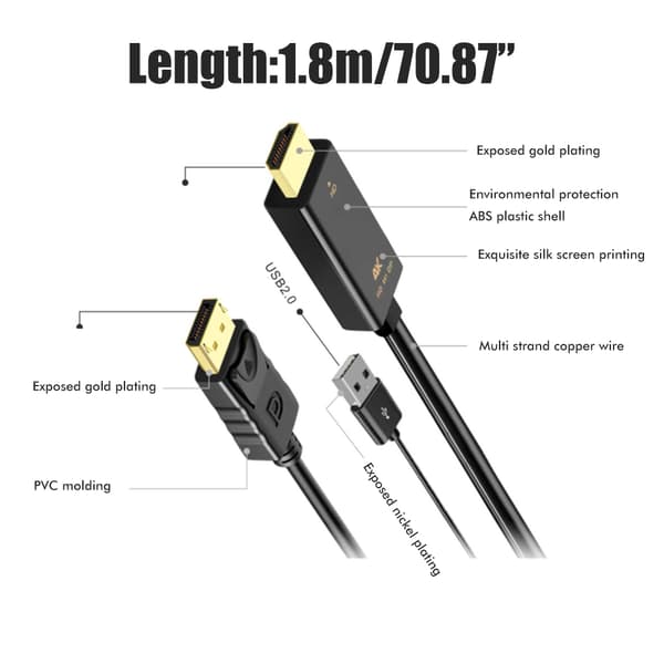 4K 60Hz HDMI til DisplayPort Adapter Konverter 1.8M USB Kabel til Notebook Desktop Computer