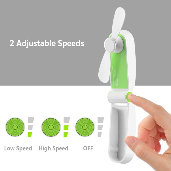 Green-Mini hopfällbar handhållen fläkt, bärbar handhållen uppladdningsbar handhållen fläkt med 2 hastighets justerbar USB kabel för utomhusresor hem