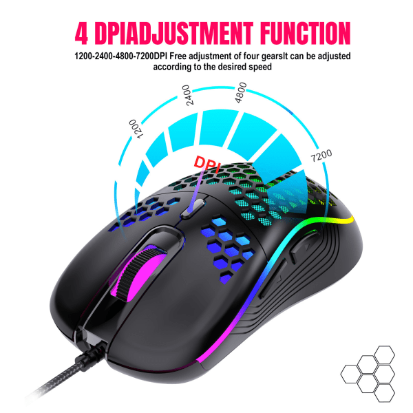1 Pack Hollow Mouse langallinen mekaaninen pelihiiri värillisillä LED-valoilla, hiljaisella napsautuksella, 2.4G USB nanovastaanotin