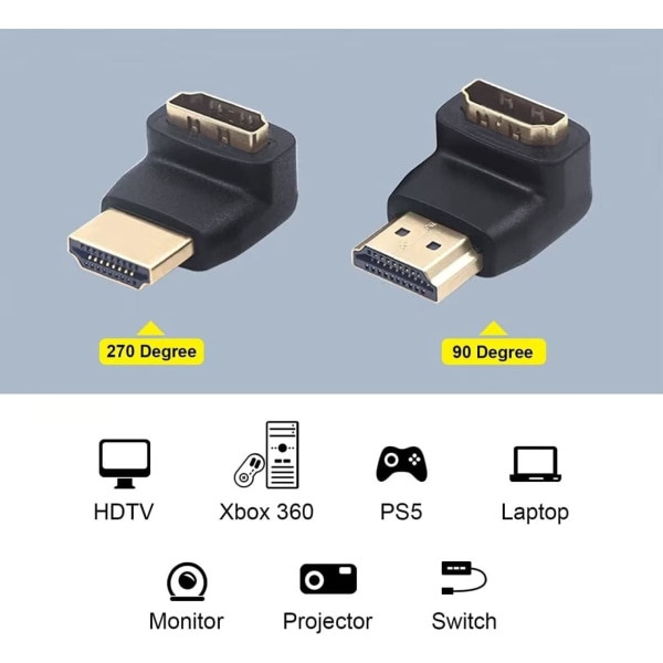 2 kpl HDMI-sovitin 90 astetta ja 270 astetta kulmassa oleva HDMI-liitin, oikea kulma uros-naaras 4K 3D