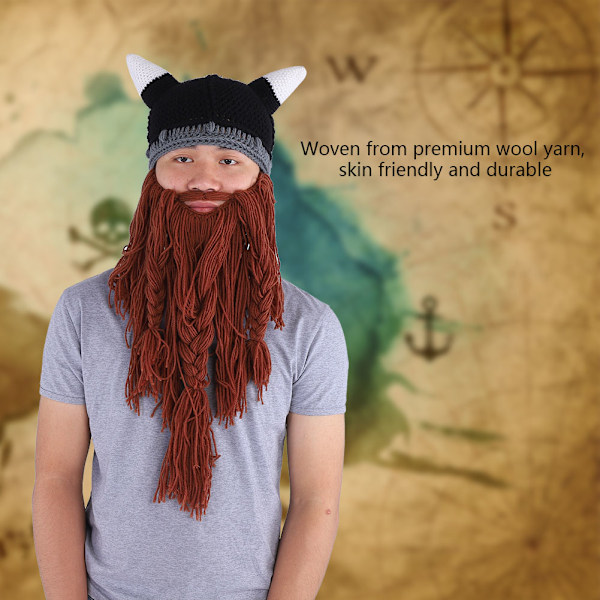 Rolig handgjord lång vikingamössa med skägg, pirat horn, brun