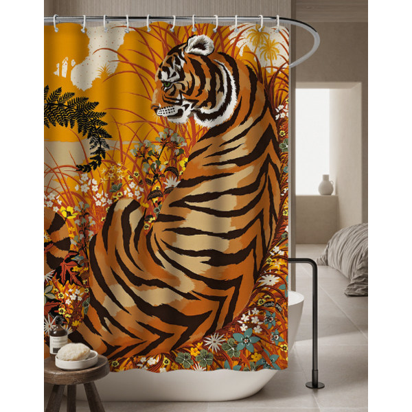 180 x 200 cm Suihkuverho 12 koukulla Quick Dry (Tiger), Konepestävä vedenpitävä polyesterikangas, kylpyhuoneen verhot