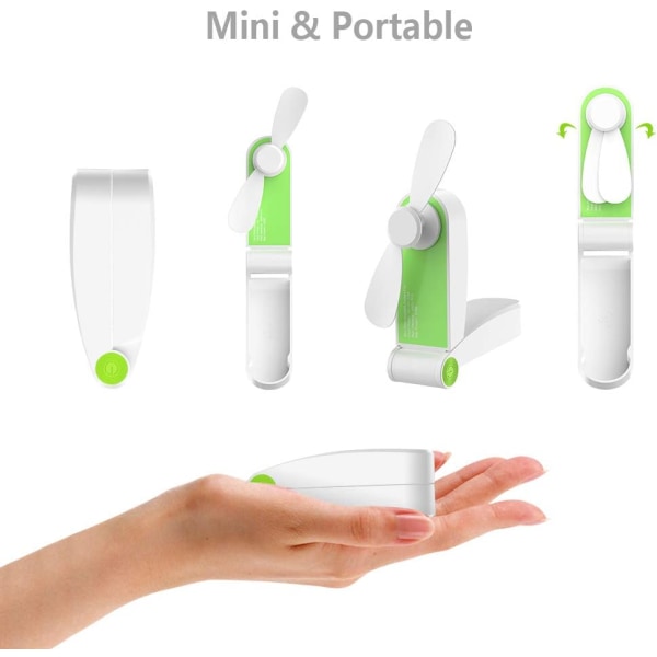 Green-Mini hopfällbar handhållen fläkt, bärbar handhållen uppladdningsbar handhållen fläkt med 2 hastighets justerbar USB kabel för utomhusresor hem