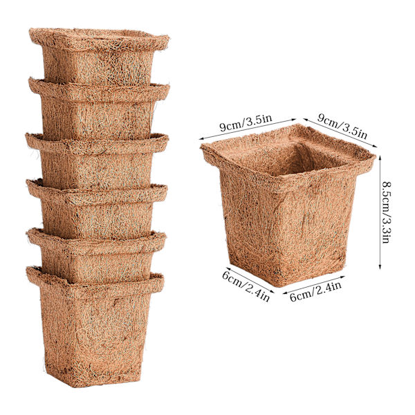 6 stk. pakke med kokosnøddespalme firkantede frøplantekopper - enkelt nedre diameter 6 cm øvre diameter 10 cm høj 9 cm