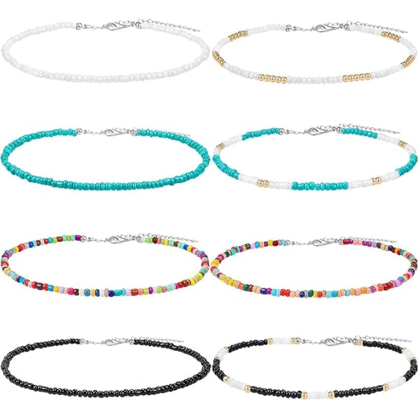 Pärlhalsband Tiny Beads Choker Boho Colorful Rainbow Choker Chain Smycken för kvinnor och flickor, justerbar 12-16 tum (1 set, 8 stycken)