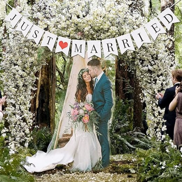 "Just Married" bryllupsbanner å trekke, bryllupsdekorasjon, retro og rustikk, bryllupsbankettdekorasjon eller bryllupsfotoboks