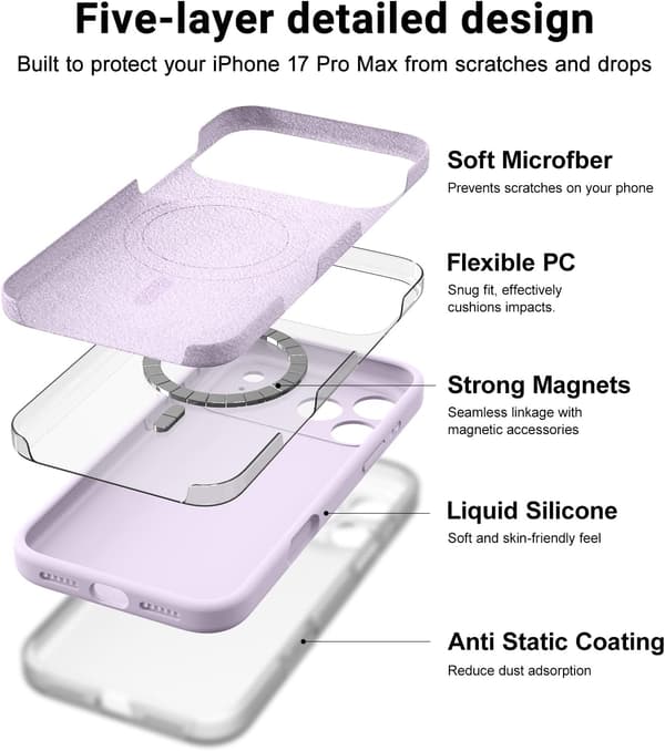 【bt02】Magsafe-fodral för iPhone 17 Pro Max, flytande silikonfodral med mikrofiberfoder iPhone 17 Pro Max iPhone 17 Pro Max Mauve nuage