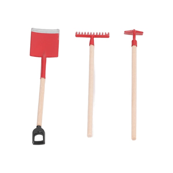 3-delt mini dukkehussett, miniatyr hagehåndverktøy, legering tre, rive spade modell dekorasjon, rød