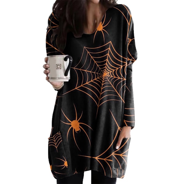 Halloween-kuvioinen pitkähihainen neulepaita naisille - Löysä istuvuus, pyöreä pääntie ja taskut, tyyppi 5, koko M