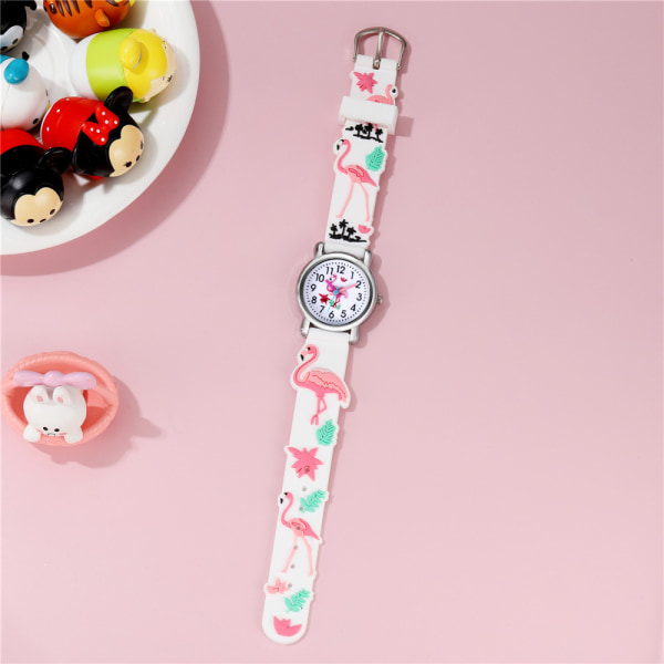 Watch(valkoinen, flamingo), vedenpitävä lasten rannekello Quartz Movement, 3D-sarjakuvasuunnittelu, digitaalinen watch 3-11-vuotiaille tytöille