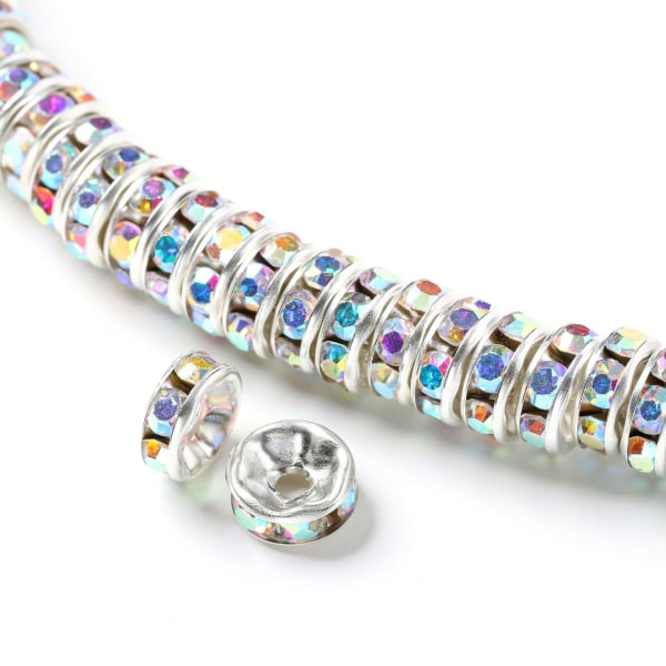 100 stk 8 mm Rondelleperler Rhinestone Crystal Løse runde avstandsperler for armbånd Halskjede Smykkefremstillingsdekorasjoner (sølv)