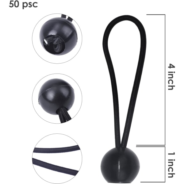 50 stk Elastiske ballstrikksnorer (svart), presenningsstrammer for lysthus, camping, teltsnorer, gardinforlengelsessele, 10 cm