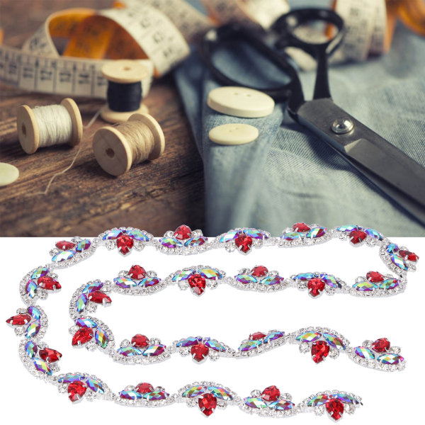 Rhinestone Kæde Farvet Blomsterformet DIY Syning Håndværk til Tøj Sko Taske Dekoration Rød + Sølv Base