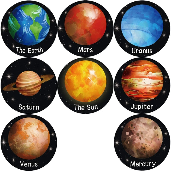 Runde planetklistremerker (500 ark/rull), 8 design for barnas dag (store, 1,5" i diameter hver)
