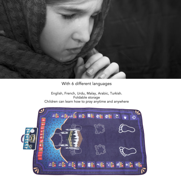 Barnebønnsmatte 6 språk Gudstjeneste Trinnveiledning Smart muslimsk bønneteppe 43,3 X 27,6 tommer svart