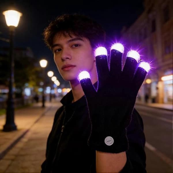 LED Lysende Handsker til Børn og Voksne, Sorte Strikhandsker med Fingerspidslys, Halloween Julefrokost Handsker, 7 Farver Belysning 2pcs