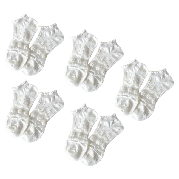 5 Par Damstrumpor Kort Toppkant Spets Sömnad Elastisk Nylon Bekväma Andningsbara Ankelstrumpor Vit 0124 Fri Storlek