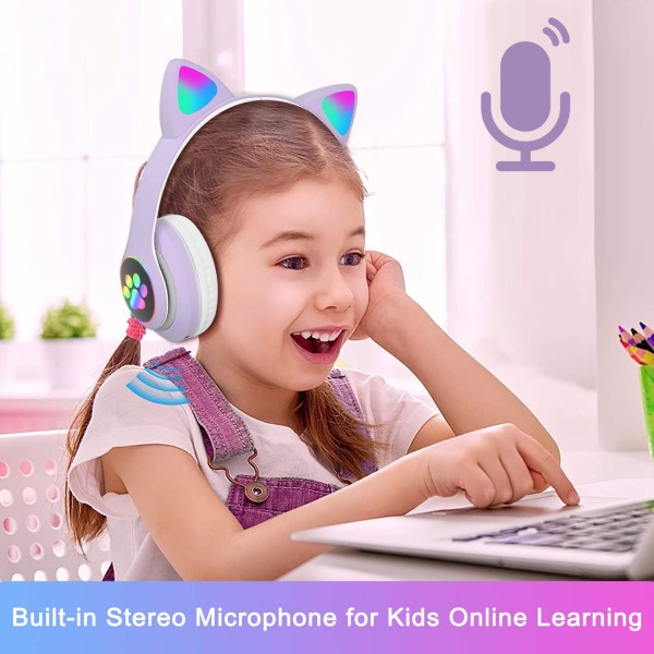 Lila-Bluetooth-hörlurar hopfällbara med LED-ljus-Lila Trådlösa Over-Ear-hörlurar med mikrofon, Bluetooth Cat Ear-hörlurar för barn Tonåringar A