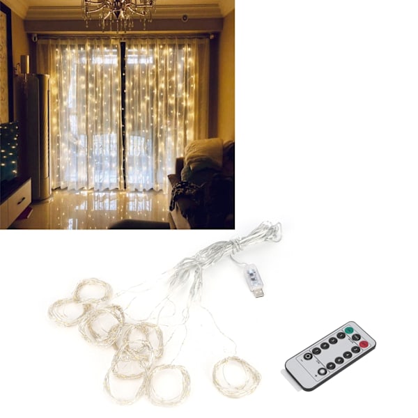 3x3m USB 300LED Varmt Gul Gardinlysstreng med Fjernbetjening - Perfekt til Hjemmefest Dekoration