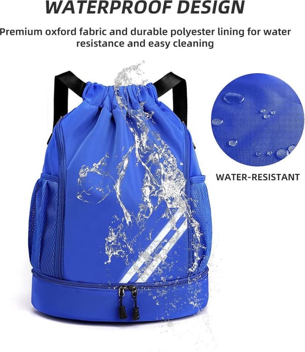 Drawstring Backpack, Large Capacity, Lightweight, Dry and Wet Separation, Blue, 43x34x15cm