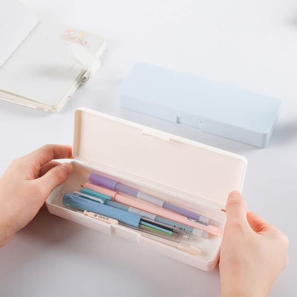 [02]Pencil Case Plastic Pencil Box - 4 Pack Hard Pencil Case Crayon Box with Snap Lid Plastic Pencil Box Stackable Desi