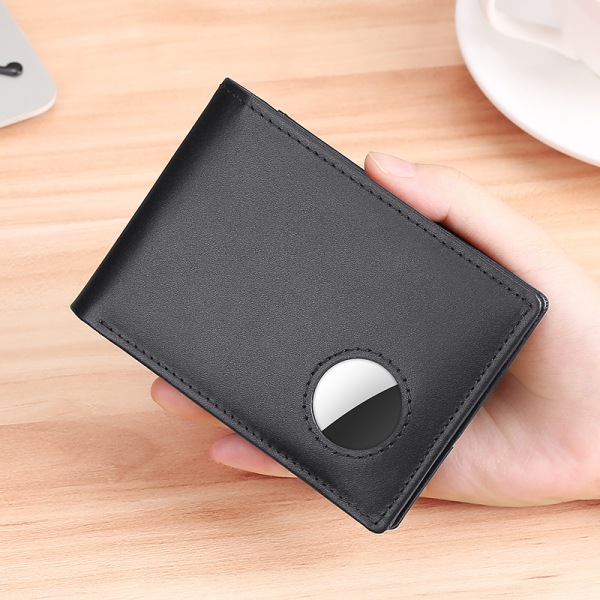 svart Air Tag-lommebok for menn - Stor AirTag RFID-blokkerende bifold-lommebok med 2 ID-vinduer og integrert AirTag-holder