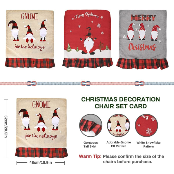 Julryggstolsöverdrag Set med 3 st Matsalsstolsöverdrag för jul Linne Matstolsöverdrag Gnome Elf Snowflake Middagsstolsöverdrag