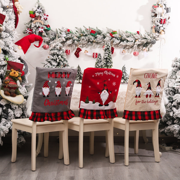 Julerygstolebetræk Sæt med 3 stk. Spisestuestolebetræk til jul Linned Spisestolsrygbetræk Gnome Elf Snowflake Middagsstolebetræk