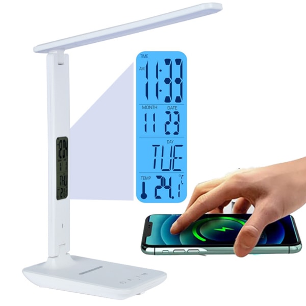 LED-bordslampa Skrivbordslampa med trådlös laddare USB laddningsport Hembordslampa med nattljus Digital väckarklocka Temperatur - Vit