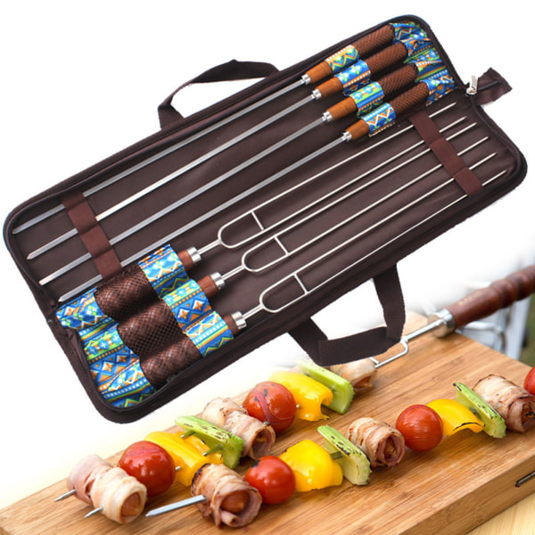 Garden BBQ grilli neula ja grillihaarukka grilli vartaat ruostumaton teräs ulkogrilli neula U-muotoinen ympäristöystävällinen puinen kahva