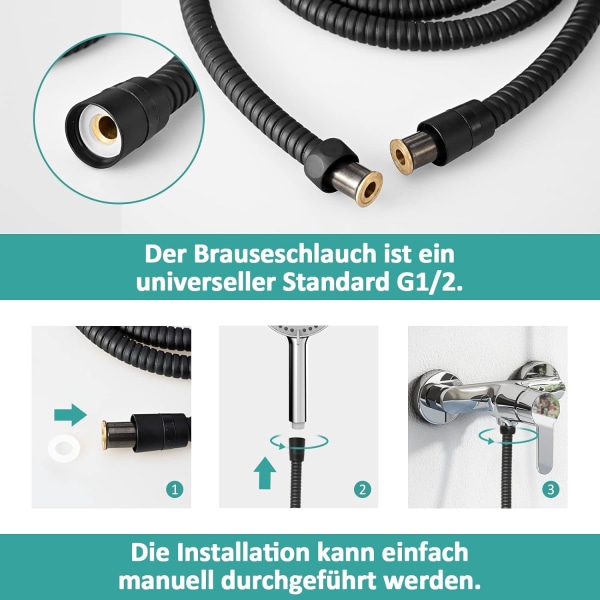 Bruseslange Sort 1,5 m lang Fleksibel bruserslange i rustfrit stål med dobbelt anti-knækbeskyttelse med skridsikker O-ring