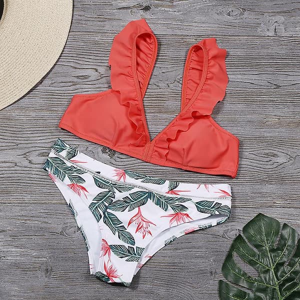 Kvindebikini-dragt med print og flæser i polyester til sommerstrand Yellow S