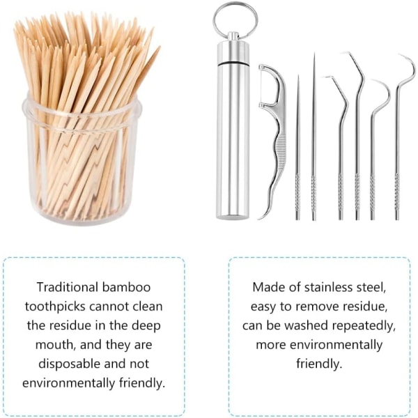 Tandpetare i 7 delar, metalltandpetare, tandpetare i titan, tandpetare i rostfritt stål, bärbar tandpetare, tandpetare i titan, tandpetare i titan.
