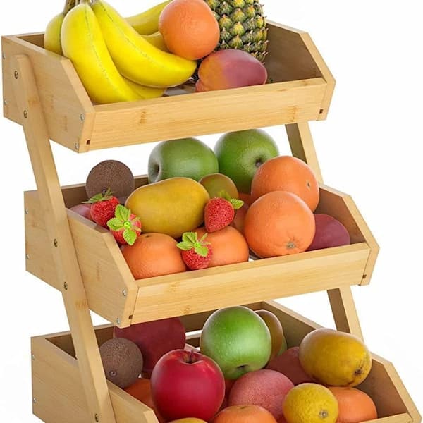 3-Tier Wooden Fruit Basket for Kitchen, Fruit and Vegetable Basket for Bread, Rustic Fruit Basket for Kitchen Countertop