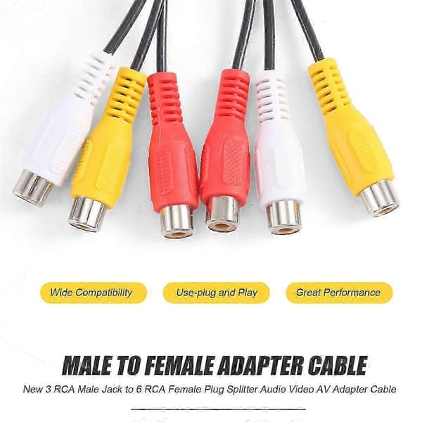 Ny 3 RCA hannplugg til 6 RCA hunnplugg splitter lyd video AV adapterkabel