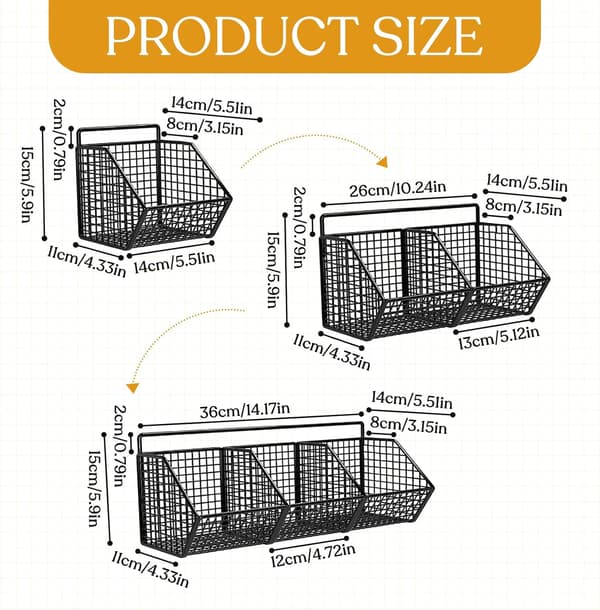 Wall-mounted pantry shelves for storage, wall-hanging baskets for kitchen, bathroom, metal wire fruit and vegetable baskets, three compartments
