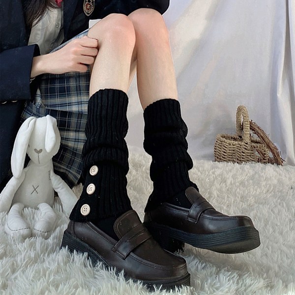 Dame Strikkede Strømper Retro Elegant Bløde Varme Løse Slouch Strømper med Knap til Dating Fest Sort