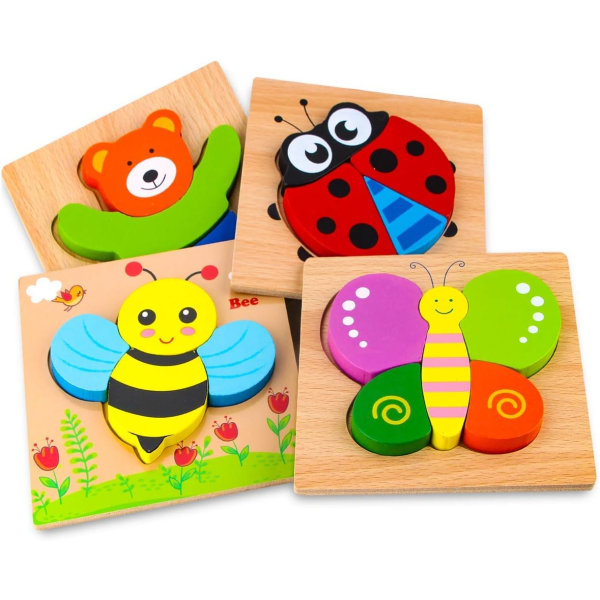 4 bitar - Träpussel, leksaker för 1 2 3 4 år, träpussel, pedagogiska spel för barn, baby , pussel med ram.