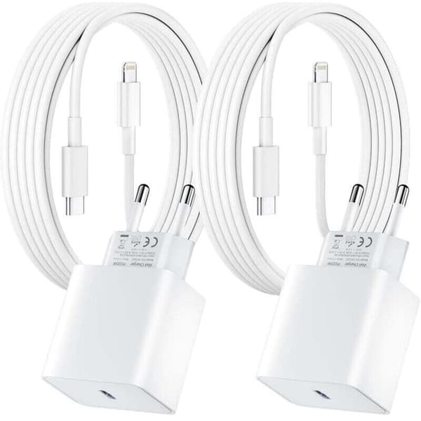 [02] 2-pak hurtigoplader til iPhone, 20 W PD USB-C strømadapter med 2 m USB C til Lightning-kabel til iPhone 14/14 Pro/13/13 Pro/13 Pro Max/13 Min