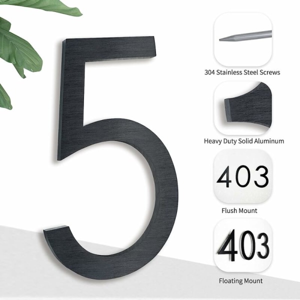 4,9 tums svart hus nummer 5, gatunummer för moderna bostäder för infällt flytande aluminium