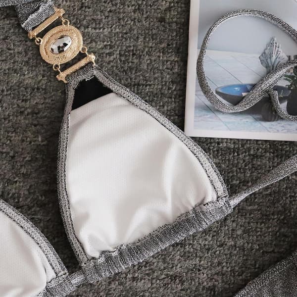 2-delt glitterbadedragt til kvinder, sexet bindebikini, slank badedragt til sommer L Silver